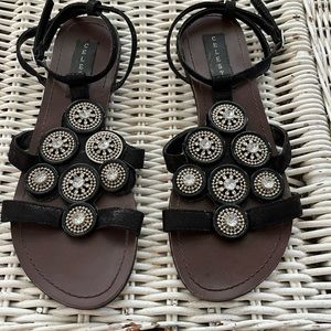 Black Ankle Strap Summer Sandals with Silver and Rhinestone Accents